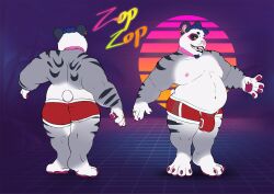 anthro bear belly blue_hair bulge choker clothed clothing dreadlocks ear_piercing facial_hair felid fur giant_panda hair hi_res hybrid jewelry male mammal model_sheet navel necklace overweight overweight_male pantherine piercing purple_eyes ring solo striped_body striped_fur stripes tail tiger underwear yellow_sclera zop zopanda