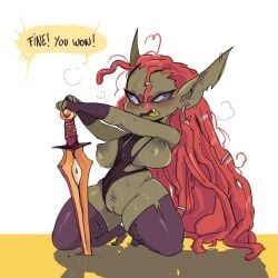 gin_(saehno) goblin goblin_female goblin_girl nipples pussy red_hair saehno sword swordswoman torn_clothes