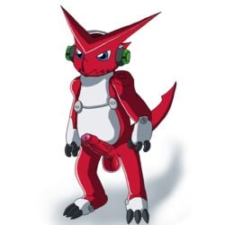 1boy 2016 anthro balls blue_eyes digimon dragon erection hi_res lusarthel male male_only partially_retracted_foreskin penis presenting shoutmon simple_background smile solo spikes teeth uncut white_background