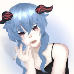 anime blue_hair ganyu_(genshin_impact) genshin_impact small_breasts smoking