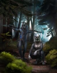 2016 animal_genitalia anthro balls blue_eyes canine crouching duo forest front_view fully_sheathed fur fur_markings grey_fur looking_at_viewer male mammal markings melee_weapon nature navel nude outside pinguinolog polearm sheath standing tree tribal weapon wolf