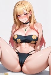 ai_generated bangs bare_shoulders bikini black_bikini black_choker blonde_hair blush breasts cameltoe choker cleavage closed_mouth collarbone ear_piercing earrings female floral_print gradient_hair high_resolution highres jewelry kitagawa_marin large_breasts long_hair looking_at_viewer multicolored_hair navel necklace piercing print_bikini red_eyes simple_background sitting skindentation solo sono_bisque_doll_wa_koi_wo_suru spread_legs stable_diffusion strapless sweat swimsuit thighs waifuscans418