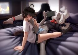 2girls barefoot bed bed_sheet clothed_sex feet female female/female female_only kairuhentai kairunoburogu lesbian_sex maddie_(seki) multiple_girls nintendo_switch panties pillow pussy_to_pussy rai_(lightsource) scissoring sex socks soles switch_console toes tribadism tribadism_through_clothing white_shirt yuri