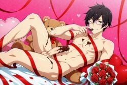 1boy ai_generated black_hair bouquet chocolate chocolate_on_body chocolate_on_penis glasses green_eyes idolmaster idolmaster_side-m iseya_shiki looking_at_viewer male male_focus male_only nude nude_male pink_glasses plagion rope solo solo_male teddy_bear the_idolm@ster valentine's_day