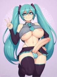 1futa ai_generated altra_x aqua_eyes aqua_hair big_areola big_breasts big_penis breasts detached_sleeves futanari hatsune_miku miniskirt navel necktie peace_sign penis precum precum_drip sleeveless_shirt smile solo standing standing_on_one_leg testicles thighhighs thong twintails