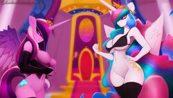 16:9 2016 alicorn anthro anthrofied big_breasts bottomless bra breasts chair clothed clothing cutie_mark duo equine feathered_wings feathers female friendship_is_magic hair hair_over_eye hi_res horn inside legwear long_hair looking_at_viewer mammal multicolored_hair my_little_pony princess_cadance_(mlp) princess_celestia_(mlp) pussy thigh_highs throne underwear wallpaper wings zolombo