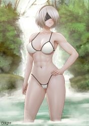 abs absurd_res alluring alternate_version_available athletic athletic_female bare_legs big_breasts bikini blindfold female female_abs female_only fit fit_female hairband hand_on_hip hand_on_own_hip high_res in_water light-skinned_female light_skin mole mole_under_mouth navel nier:_automata nier_(series) oslight outside pin_up short_hair square_enix wading water white_hair yorha_2b yorha_no._2_type_b