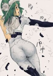 ass ass_focus behind_view blush female_only green_hair half_naked japanese_text looking_at_viewer looking_back petrification source_request torn_clothes torn_clothing translation_request unknown_artist