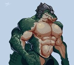 abs anthro armor barazoku bulge clothing crocodile crocodilian genitals green_body green_scales headgear helmet hi_res league_of_legends male muscular muscular_anthro muscular_male nipples pecs pinumontbalou renekton reptile riot_games scales scalie solo tencent underwear