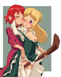 2girls absurdres blonde_hair blush breasts breasts_out broom broom_riding censored cheek-to-cheek clothing crotch_rub dress dress_lift frills green_dress grinding highres izetta looking_back mosaic_censoring multiple_girls nipples no_bra no_panties one_eye_closed open_mouth ortfine_fredericka_von_eylstadt purple_eyes pussy pussy_juice red_dress red_eyes red_hair shuumatsu_no_izetta small_breasts smile thighhighs white_legwear yuri