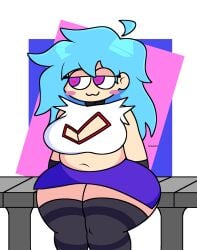 1female 1girl 1girls blue_hair blush boob_window chubby chubby_female crop_top female female_only friday_night_funkin friday_night_funkin_mod heart-shaped_pupils heart_pupils jutsapostion light_blue_hair looking_to_the_side navel purple_eyes sitting skirt skyblue skyblue_(friday_night_funkin) skyverse socks solo solo_female thick_legs thick_thighs thighhighs thighs waiting