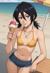 1girls ai_generated ambrose beach bikini black_hair bleach denim_shorts ice_cream kuchiki_rukia necklace petite purple_eyes self_upload short_hair skinny small_breasts smile stable_diffusion thigh_gap twintails