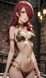 ai_generated armlet bikini cleavage collar dungeon gold_bikini hair_over_one_eye long_hair mitsuru_kirijo persona persona_3 red_eyes red_hair skinny slave_bikini slim_waist