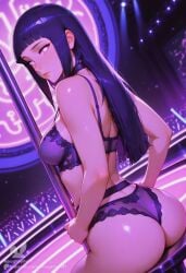 1girls ai_generated ass female highres hyuuga_hinata lingerie naruto naughtypuff neon_lights nightclub patreon pov solo_focus strip_club stripper_pole