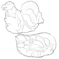 after_vore ambiguous_gender anthro belly big_belly claws cramped duo facial_hair feet fur goatee hi_res horn inside_stomach internal male open_mouth pandottermon reptile scalie smile tail tongue vore