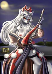 absurd_res breasts canid canine canis clothed clothing female feral fur hair hakuro_(onmyoji) hi_res mammal nipples onmyoji simple_background solo wenqu0304 white_body white_fur white_hair wolf