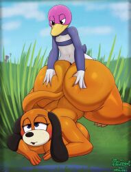 2019 absurd_res ambiguous_penetration anatid anseriform anthro ass avian big_breasts big_butt bird blush breast_squish breasts canid canine canis curvy_figure deep_skin detailed_background digital_media_(artwork) domestic_dog duck duck_hunt duck_hunt_dog duck_hunt_duck duo female female_penetrated from_behind_position hi_res huge_butt male male/female male_penetrating male_penetrating_female mammal miso_souperstar nintendo orange_body outside penetration plap rule_63 sex size_difference small_dom_big_sub sound_effects squish text thick_thighs voluptuous