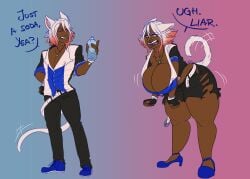 ahju angry bimbofication cat_ears cat_tail cleavage commissioner_upload dark_skin heels huge_ass huge_breasts male_to_futa oc red_eyes rule_63 thick_thighs torn_clothes torn_pants transformation water_bottle