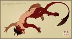 2025 5_fingers animal_genitalia anthro balls black_sclera brown_hair cloven_hooves countershade_torso countershading digital_media_(artwork) english_text felid feline fingers fur fursona genitals hair hooves horn hybrid ignis_the_imp imp iskra looking_at_viewer male male_only mammal navel nude nude_anthro nude_male penis red_body red_fur red_tail sheath simple_background smile solo tail teeth text white_eyes