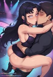 1boy1girl ai_generated bar_(place) black_dress black_hair blackfire carrying carrying_partner cling club creampie dc dc_comics dress faceless_male implied_sex implied_vaginal lifted lifted_by_another osirix self_upload sex stable_diffusion teen_titans upright_straddle