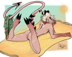 2023 2d clothing color cuntboy helluva_boss horns imp intersex looking_at_viewer male male_only pussy solo spiked_back spiked_tail striker_(helluva_boss) sunbathing tail trans_man transgender_male twiggietime vagina vivienne_medrano watermark