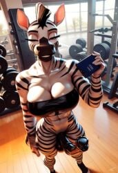 abs ai_generated animated anthro balls black_penis bra futanari gym horsecock mohawk muscular no_sound penis selfie stripes tagme veins video zebra