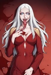 1girls ai_generated bigmic145 blood breasts carmilla_(castlevania) castlevania castlevania_(netflix) cleavage horror lips long_hair long_tongue medium_breasts monster_girl red_dress vampire white_hair yandere