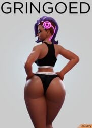 3d ass asymmetrical_hair big_ass bleached bleached_clothing blizzard_entertainment colored_hair cowboy_shot crop_top dark-skinned_female dark_skin female from_behind gringoed highres large_ass latina latina_female magazine magazine_cover mexican mole_under_eye multicolored_hair olivia_colomar overwatch purple_eyes purple_hair smitty34 solo sombra thick_thighs wide_hips