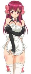 1girls amane_(dream_c_club) apron bare_shoulders blush body_blush breasts cleavage detached_sleeves dream_c_club female female_only hair_ornament hair_ribbon maid nipples_visible_through_clothing red_eyes red_hair simple_background solo ta152_(graf_zeppelin) thighhighs white_background