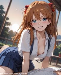 ai_assisted ai_generated akira_hentai asuka asuka_langley_sohryu bent_over cleavage inviting_to_fuck inviting_to_sex neon_genesis_evangelion patreon patreon_reward petite red_hair school skirt slim small small_breasts small_tits twintails uniform waist