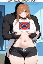 2025 2d ai_generated ass_visible_through_thighs bed bedroom belly_button big_ass big_breasts black_choker black_history_month black_male_white_female black_shorts bnwo breast_grab brown_eyes brown_hair caption closed_mouth confederate-chan confederate_flag_shirt cross_earrings dark-skinned_male dark_skin english_text female grabbing grabbing_from_behind indoor indoors interracial light-skinned_female light_skin long_hair looking_at_viewer male male/female midriff muscular muscular_male nude_male original original_character raceplay racism racist racist_woman raised_eyebrows smile soldatnr444 text thick_thighs underboob underbutt white_female white_shirt white_woman