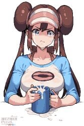 artist_name blue_eyes blue_shirt breasts closed_mouth crying crying_with_eyes_open cum cum_in_container cum_in_cup cup female gokkun hair_bun hat long_hair looking_at_viewer medium_breasts neznekpixel pixel_art poke_ball_print pokemon pokemon_bw2 rosa_(pokemon) shirt sitting solo tears twintails white_background white_hat white_shirt