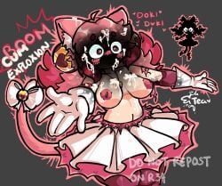 alternate_version_available breasts breasts_out cat_ears cat_girl cat_tail catgirl cum cum_on_breasts cum_on_face cumshot deltarune dress female gloves mad_mew_mew nipples pink_(deltarune) pink_hair ripped_clothing undertale_(series) white_gloves