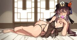 1girls 2025 areolae areolae_visible_through_clothing artist_name black_fingernails black_hat black_lingerie black_nail_polish black_nails black_toenails blush breasts brown_hair condom_in_mouth condom_wrapper feet female female_only genshin_impact hat hu_tao_(genshin_impact) lingerie lingerie_only long_hair looking_at_viewer lying lying_on_bed lying_on_side navel nipples nipples_visible_through_clothing one_eye_closed painted_nails painted_toenails pale-skinned_female pale_skin plum_blossoms porkpie_hat red_eyes see-through_clothing small_breasts smile solo spicyramen_(ramieramen1) steamy_breath stomach talisman thighs wink