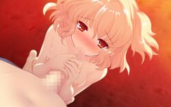 1boy areolae blonde_hair blush breasts censored cum cum_in_mouth fellatio female flyable_heart game_cg kneeling mosaic_censoring nipples nude oral panties panties_around_leg red_eyes short_hair straight sumeragi_amane underwear unisonshift yellow_panties