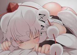 1girl 1girls 5_fingers ass ass_bigger_than_head ass_up bed bedroom black_gloves blush blush_lines closed_eyes clothed cute_face digital_media_(artwork) eyebrows_visible_through_hair face_down_ass_up hi_res highres japanese_clothes long_gloves momiji_inubashiri naked_ass panties_removed pom_pom_(clothes) ring shishi_juuroku short_hair simple_background sleeping sleeping_naked solo solo_female tokin_hat touhou white_eyebrows white_hair wolf_ears wolf_girl wolf_tail zzz