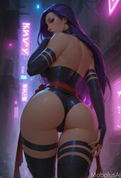 ai_generated ass ass_focus female from_behind looking_at_viewer marvel marvel_comics marvel_rivals mobolusai psylocke psylocke_(marvel_rivals) purple_eyes purple_hair skin_tight