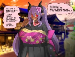 1girls big_breasts breasts clothed clothed_female clothing cumdis dark-skinned_female dark_skin english_text female huge_breasts kimono large_breasts purple_hair red_eyes succubus succubus_horns suckshna_(cumdis) twintails