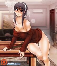 1girls bare_legs bare_shoulders bare_thighs big_breasts black_hair blush clothed clothing color female female_focus female_only hi_res jago_dibuja large_breasts light-skinned_female light_skin long_hair long_sleeves looking_at_viewer no_pants red_dress red_eyes smile solo solo_female spy_x_family tagme thick_thighs yor_briar yor_forger