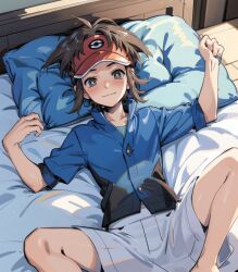 1boy ai_generated looking_at_viewer male_focus nate_(pokemon) on_bed pokemon smirk solo solo_focus solo_male spread_legs suggestive_look