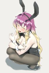 ahoge alternate_eye_color animal_ears bare_shoulders black_bow black_bowtie black_leotard black_nails blonde_hair blush bow bowtie breasts bunny_ears bunnysuit cleavage commentary_request detached_collar embarrassed fake_animal_ears fake_tail female flying_sweatdrops gradient_hair hair_between_eyes half-closed_eyes highres hijiri_byakuren leotard long_hair looking_past_viewer medium_breasts multicolored_hair nail_polish nekobatake outline painted_nails pantyhose playboy_bunny purple_hair rabbit_ears rabbit_tail revision see-through see-through_legwear shiny_clothes shiny_legwear shiny_skin sidelocks simple_background solo squatting strapless strapless_leotard tail tan_background thighs tiptoes touhou very_long_hair wrist_cuffs yellow_eyes