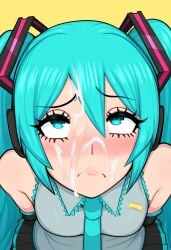 afrobull_(style) ai_generated annoyed blue_eyes blue_hair blushing cum cum_on_face cumshot facial frowning hatsune_miku