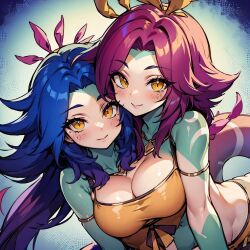 2_heads 2girls ai_generated conjoined conjoined_twins league_of_legends multi_head neeko sisters stuck_together yuri