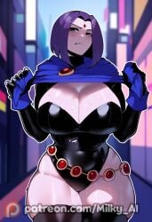 ai_generated angry angry_face big_breasts embarrassed hi_res looking_at_viewer milky_ai portrait public purple_eyes purple_hair raven_(dc) short_hair street thick_thighs wet white_skin