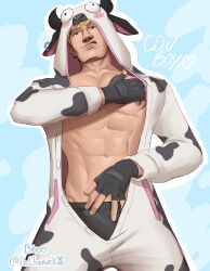 blonde_hair cow_costume fortnite gay guernsey_(fortnite) ib_cheriex jonesy_(fortnite) looking_at_viewer looking_down looking_down_at_viewer low-angle_view male male_focus male_only muscular muscular_male nipple_piercing solo tongue_out underwear