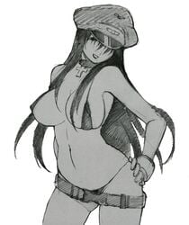 belt bikini black_eyes black_hair breasts collar cosplay curvy female female_only final_fight fingerless_gloves fingernails genshiken gloves hair_over_one_eye hand_on_hip hat highres hips huge_breasts human kansai_orange large_breasts leaning micro_bikini military_hat mole mole_under_mouth monochrome oono_kanako peaked_cap poison_(final_fight) smile solo swimsuit