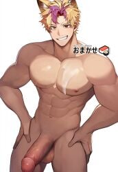 1boy abs absurdres animal_ears bara blonde_hair cat_boy cat_ears completely_nude erection gay gt_dune highres large_pectorals male_focus multicolored_hair muscular muscular_male navel nipples nude original pectorals penis purple_eyes red_eyes short_hair simple_background smile solo teeth testicles translation_request twitter_username two-tone_hair white_background