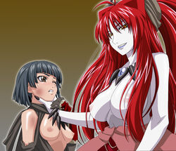 asphyxiation black_nails blue_hair blue_skin blush breasts demon_girl domination female femdom fingernails headband horns isse japanese_clothes jewelry large_breasts light_skin long_hair long_red_hair medium_breasts multiple_girls nail_polish necklace nipples oni original original_characters pale_skin purple_nipples red_eyes red_hair short_black_hair straight_hair strangling sweat topless torn_clothes white_skin yellow_eyes yuri