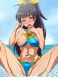 1girls areolae baanin between_labia bikini black_hair breast_slip breasts cameltoe enf erect_nipples female female_only ganaha_hibiki idolmaster innie_pussy lost_clothes medium_breasts nipple_bulge nipple_slip nipples ocean one_breast_out panties ponytail pubic_hair pussy ribbon spread_legs swimsuit tears tied_hair uncensored wardrobe_malfunction wedgie wide_hips