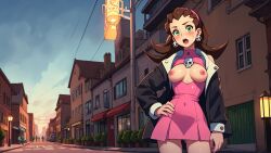 1girls ai_generated mega_man_legends open_shirt public public_nudity solo tron_bonne